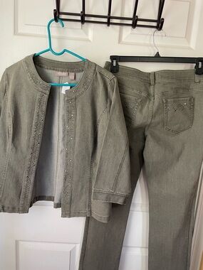 Chico’s Studded Olive Denim Set - Jacket Size 1 & Pants Size 0.5 Set
